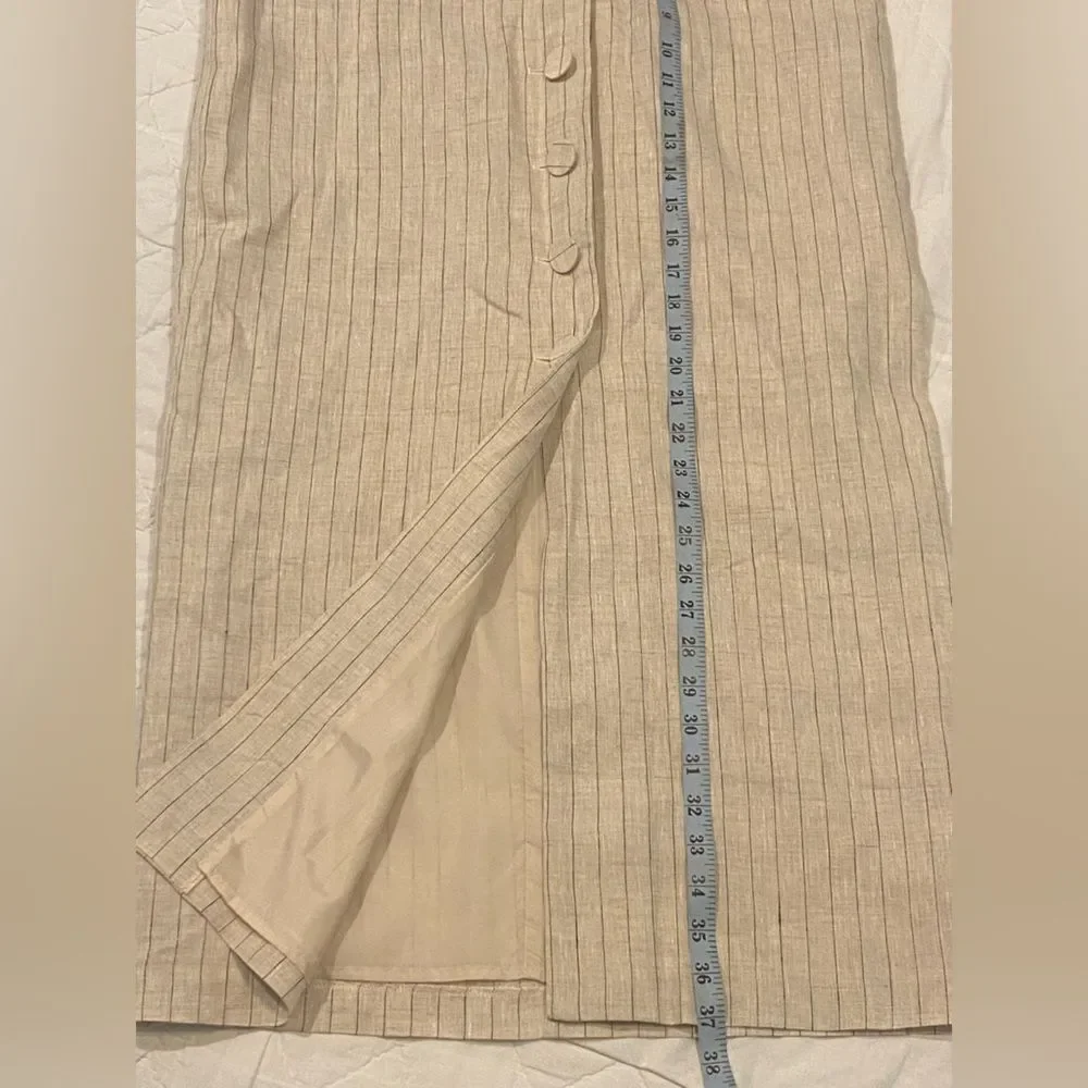 NWT H&M BUTTON-FRONT LINEN SKIRT Light beige/Pinstriped Size 10